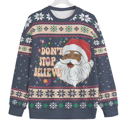 Dont Stop Believin African American Santa Womens Plus Size Ugly Sweater
