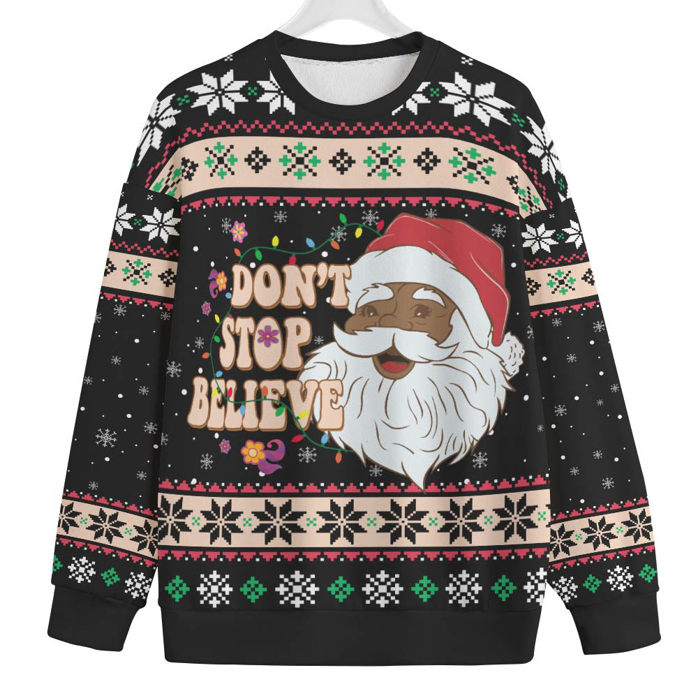 Dont Stop Believin Black Santa Claus Plus Size Ugly Sweater