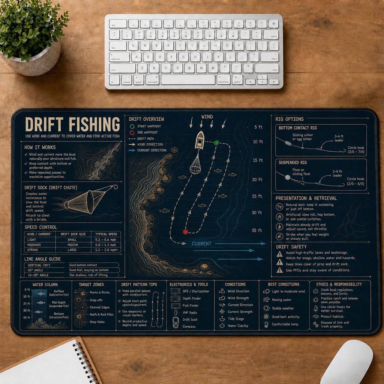 Drift Fishing Fishing Field Guide Desk Mat | 5To9Vibe