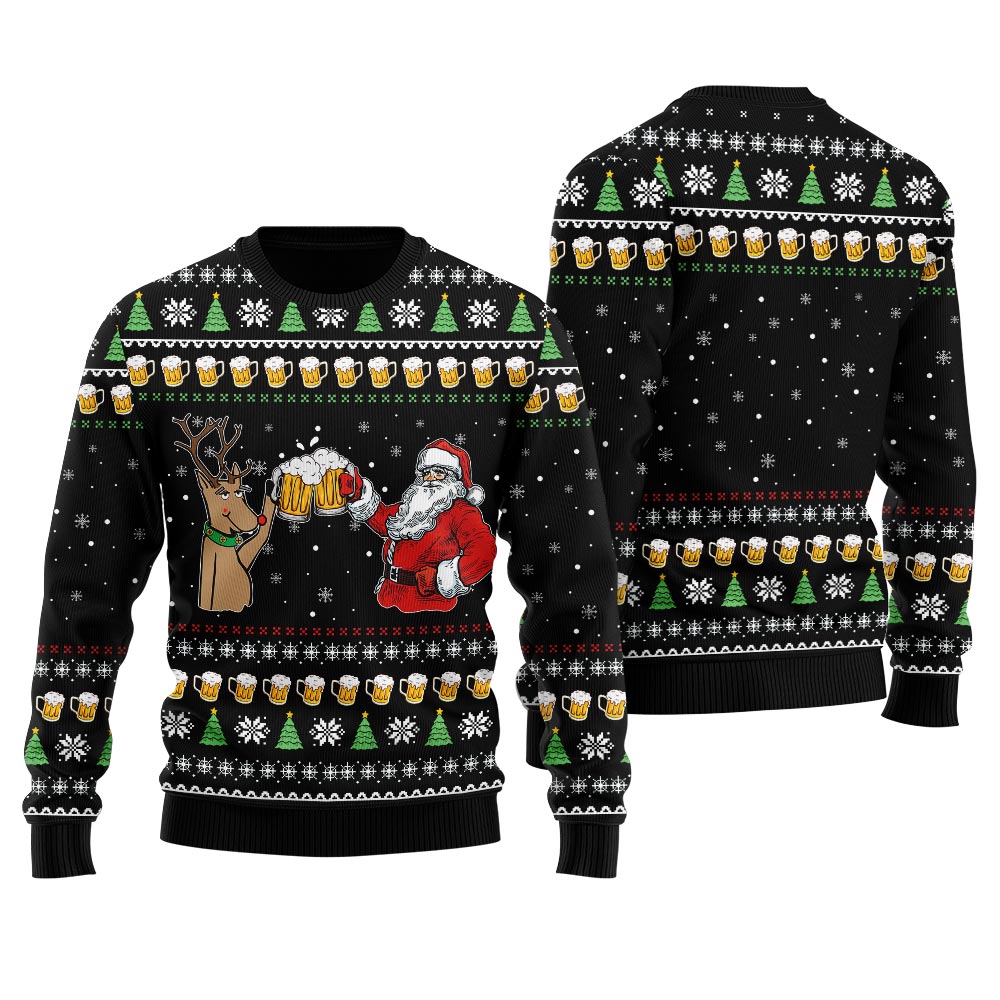 Drinking Beer Funny Santa And Reindeer Men's Ugly Christmas Sweater