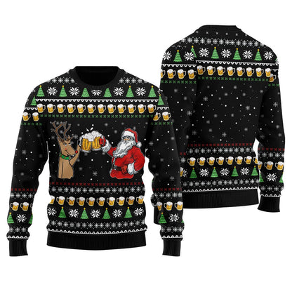 Drinking Beer Funny Santa And Reindeer Men's Ugly Christmas Sweater