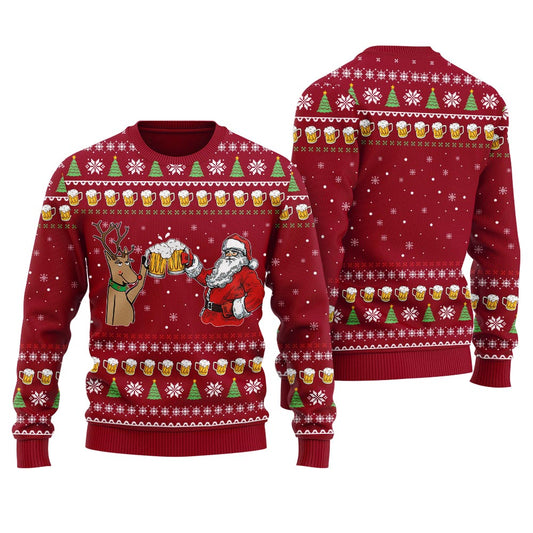 Drinking Beer Funny Santa And Reindeer Men's Ugly Christmas Sweater