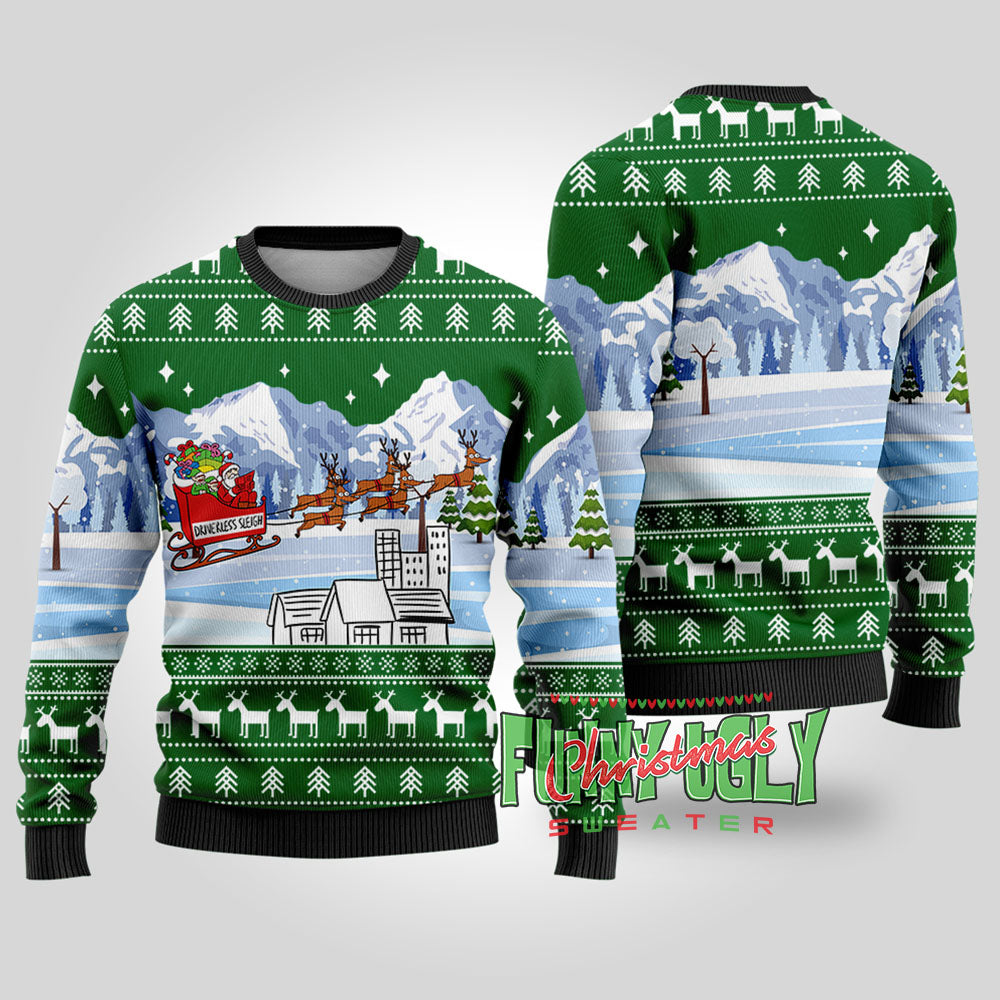 Driverless Sleigh Santa Funny Christmas Sweater Forest Green