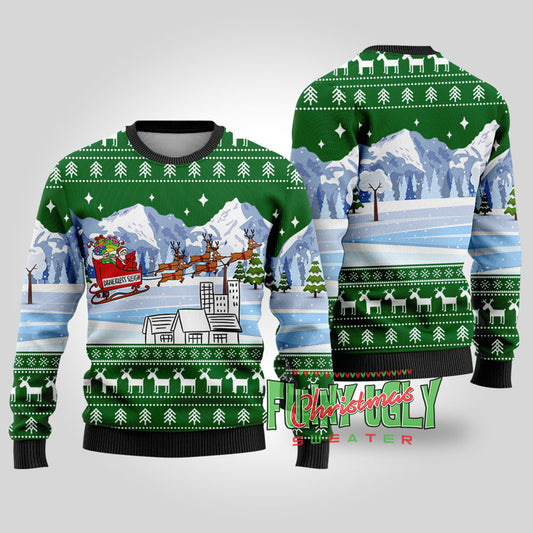 Driverless Sleigh Santa Funny Christmas Sweater Forest Green
