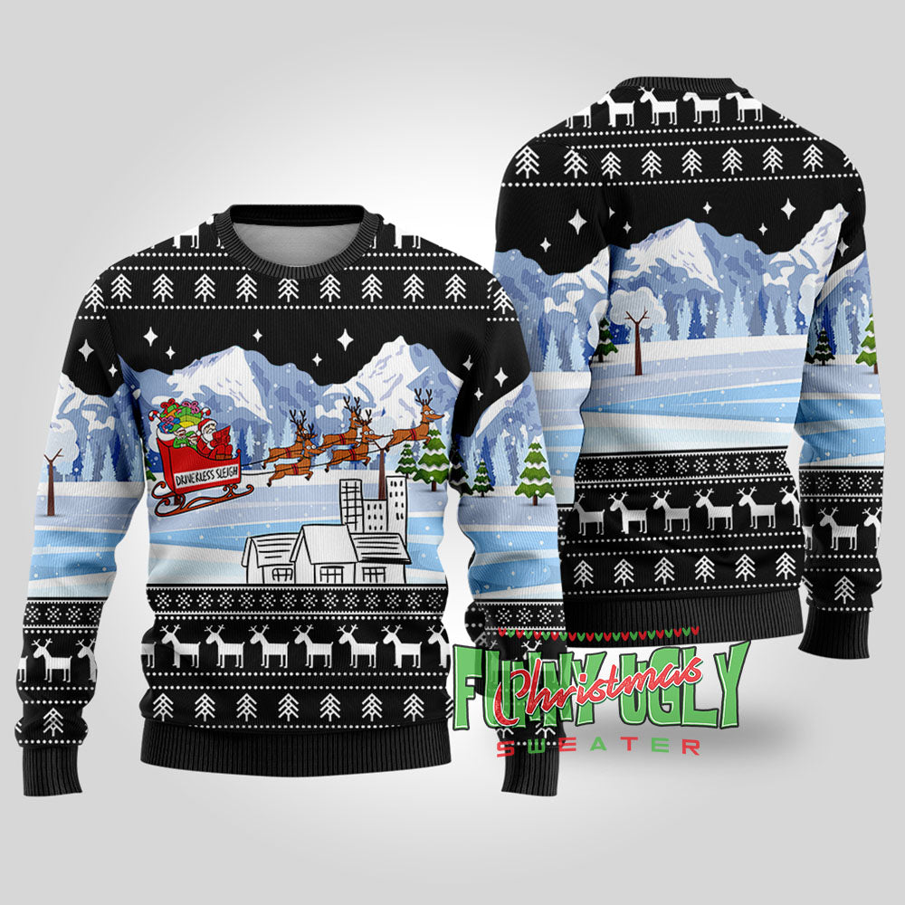 Driverless Sleigh Santa Funny Christmas Sweater Black
