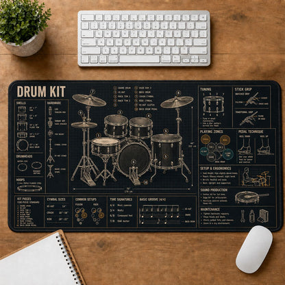 Drum Kit Musical Instrument Blueprint Guide Desk Mat | 5To9Vibe