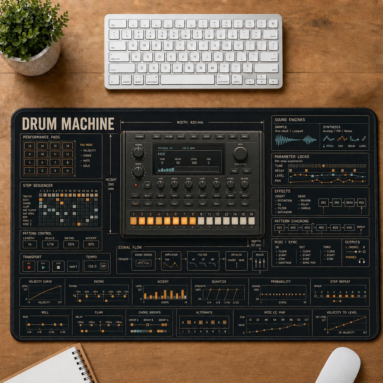 Drum Machine Musical Instrument Blueprint Guide Desk Mat | 5To9Vibe