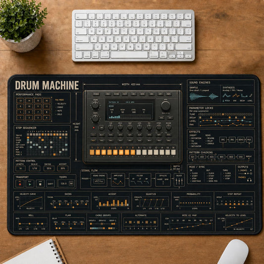Drum Machine Musical Instrument Blueprint Guide Desk Mat | 5To9Vibe