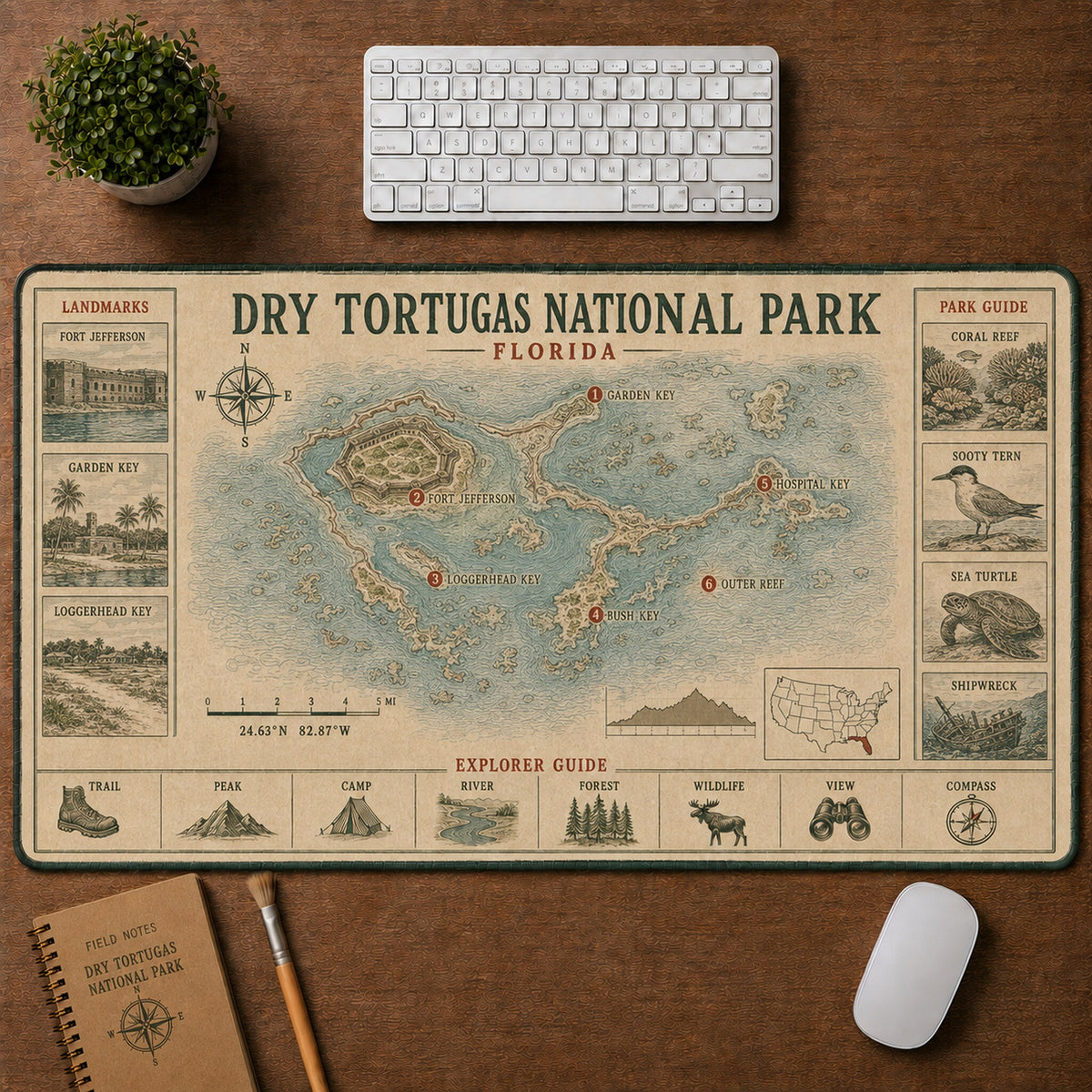 Dry Tortugas National Park Vintage Topographic Park Map Explorer Guide Desk Mat | 5To9Vibe