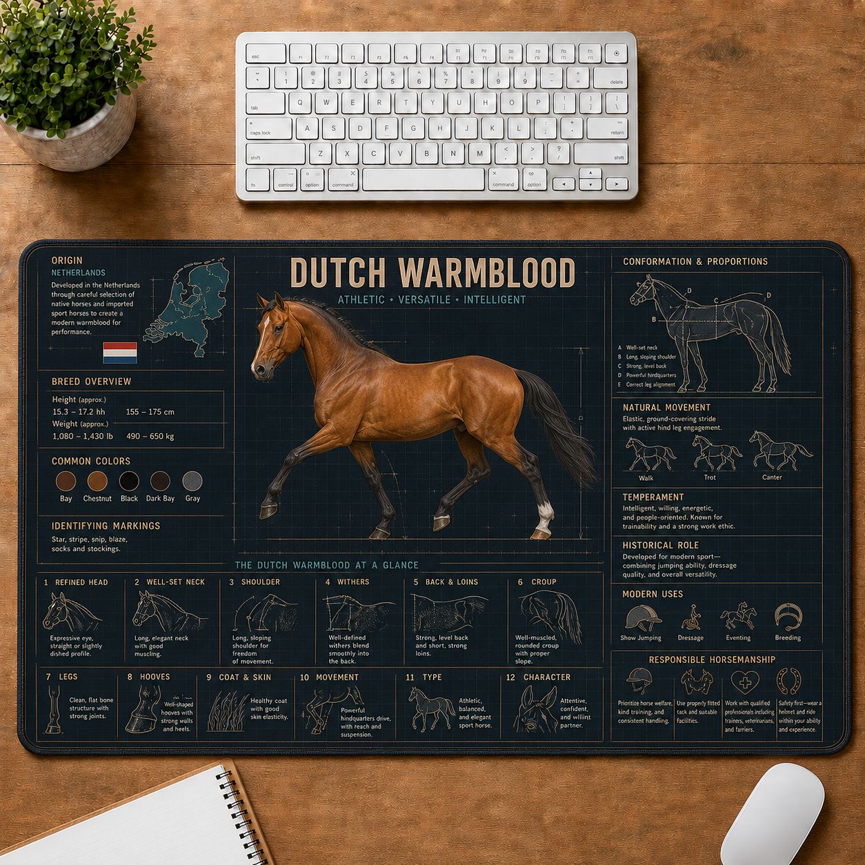 Dutch Warmblood Horse Horse and Equestrian Visual Guide Desk Mat | 5To9Vibe