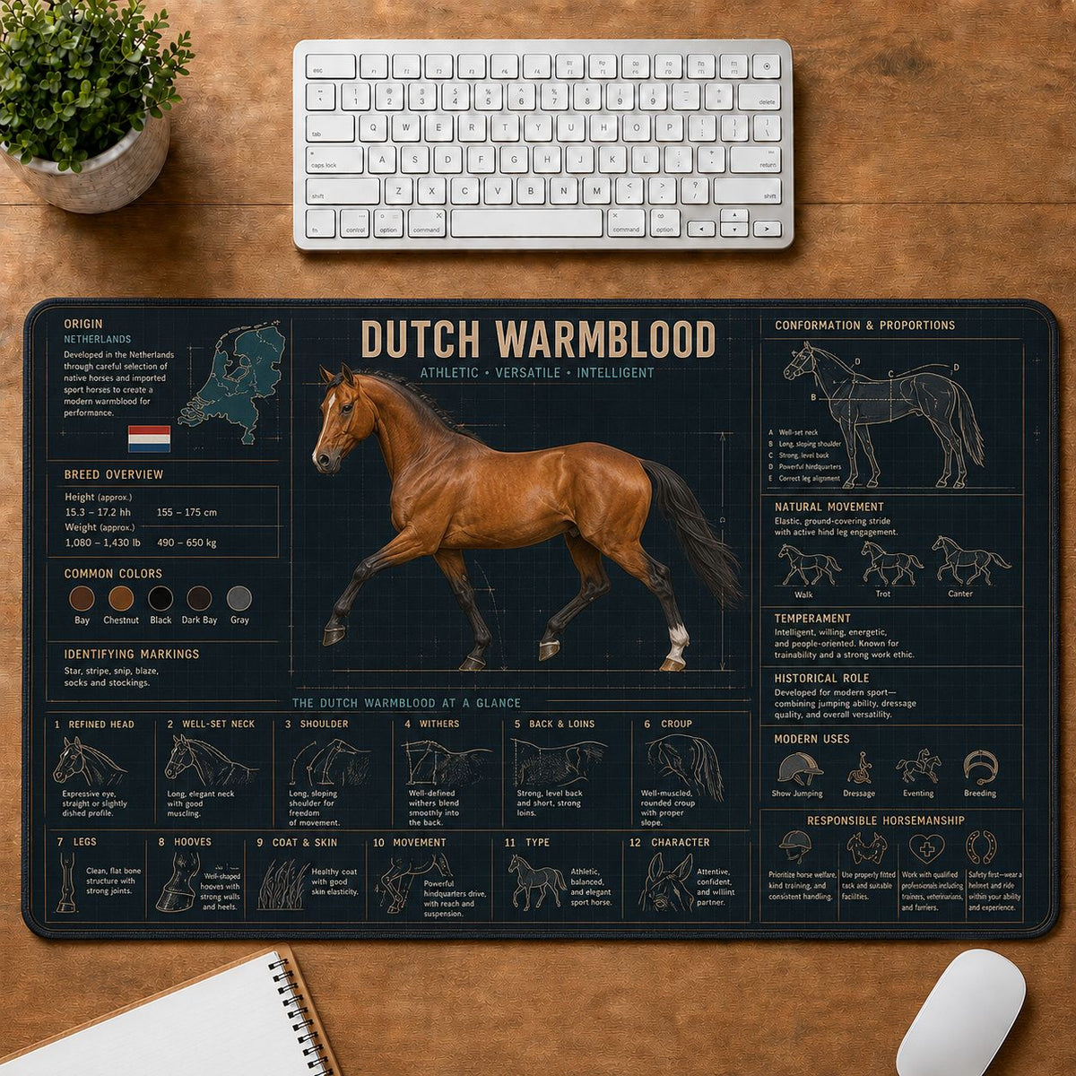 Dutch Warmblood Horse Horse and Equestrian Visual Guide Desk Mat | 5To9Vibe
