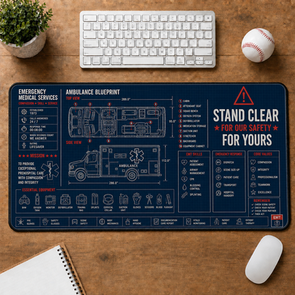 EMT Ambulance Blueprint Large Desk Mat - Emergency Medical Technician Plus Size Mouse Pad - 5to9vibe