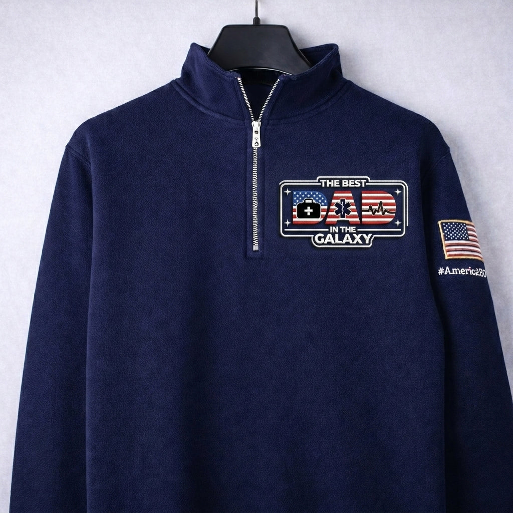 Sudadera premium con cremallera de un cuarto y logo bordado "EMT The Best Dad In The Galaxy America 250 Anniversary", jersey con cremallera de un cuarto inspirado