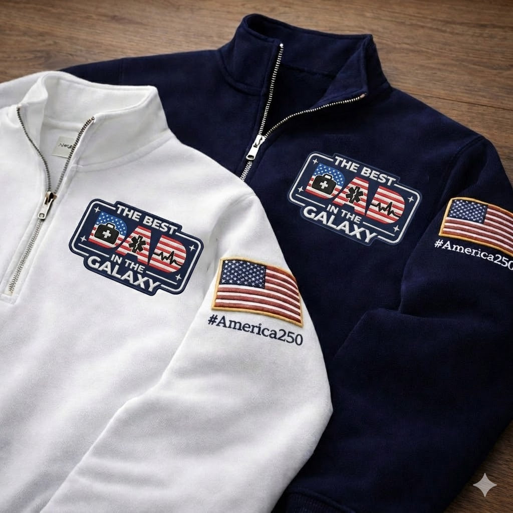 Sudadera premium con cremallera de un cuarto y logo bordado "EMT The Best Dad In The Galaxy America 250 Anniversary", jersey con cremallera de un cuarto inspirado