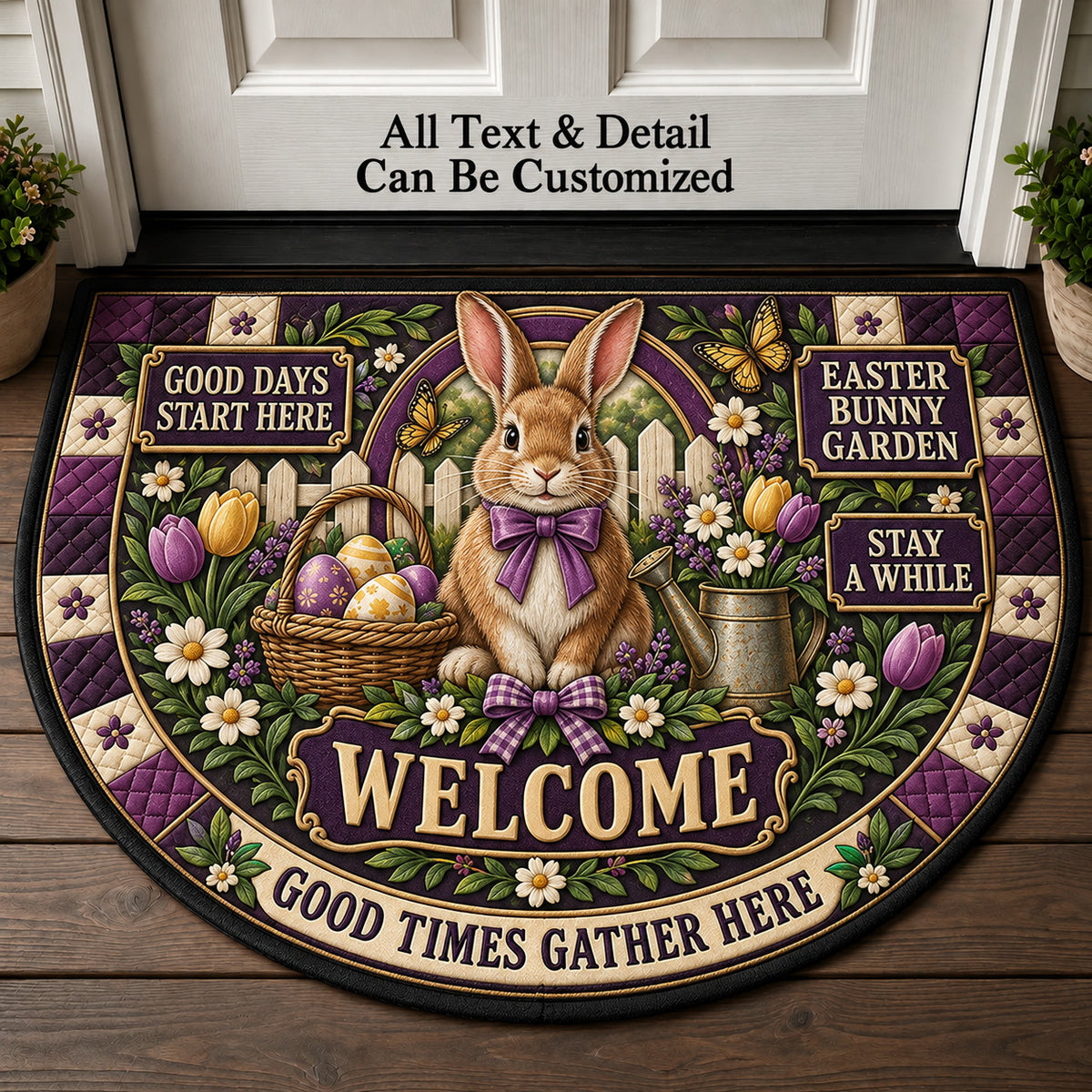 Easter Bunny Garden Personalized Half Round Mat | 5To9Vibe