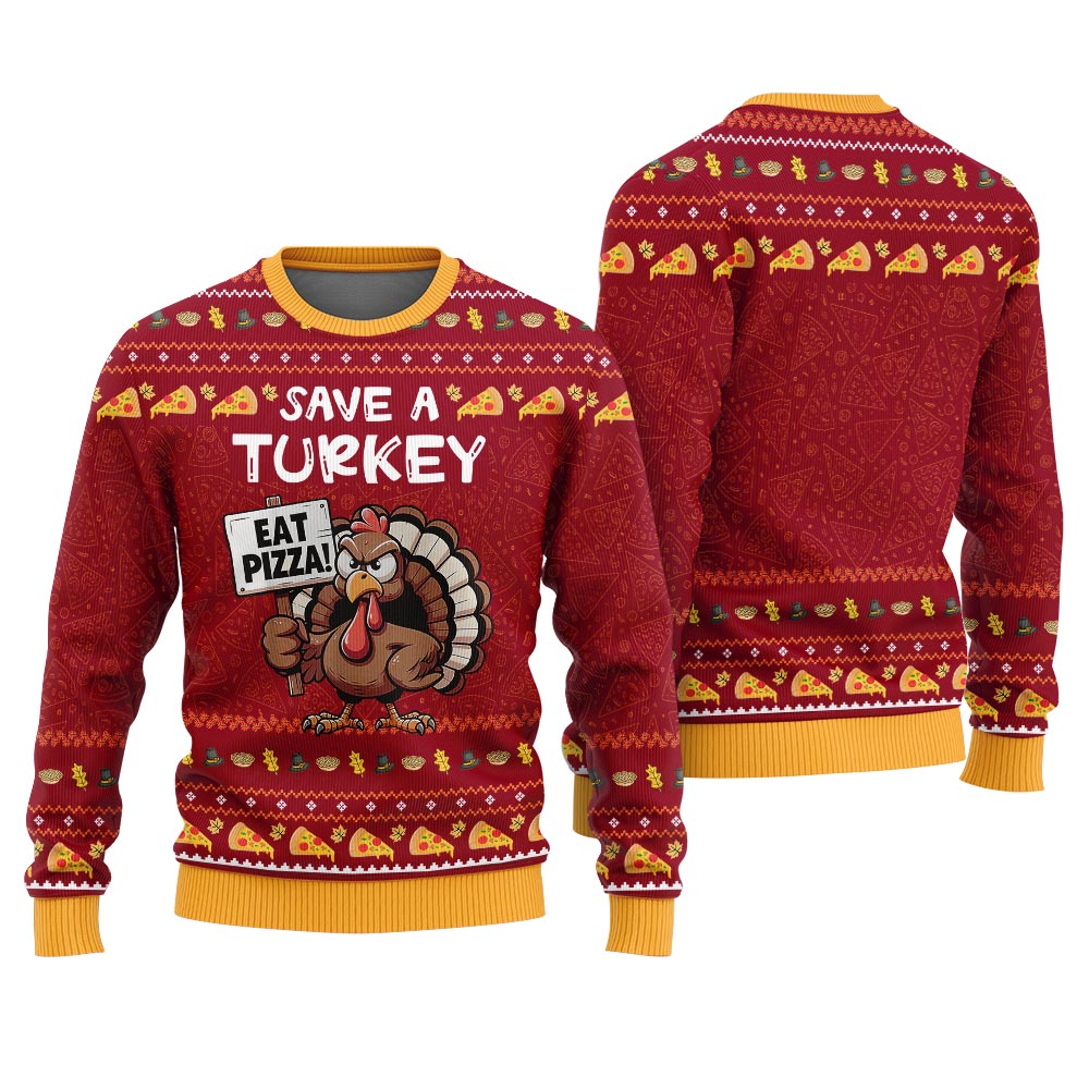 Funny Eat Pizza Save A Turkey Thanksgiving Day Sweater