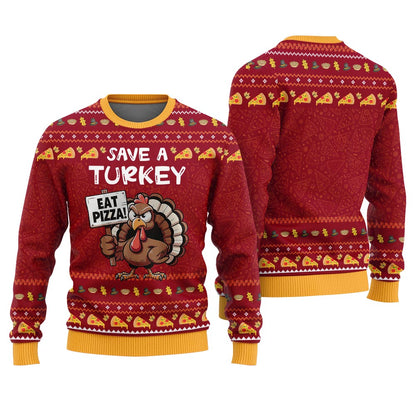 Funny Eat Pizza Save A Turkey Thanksgiving Day Sweater