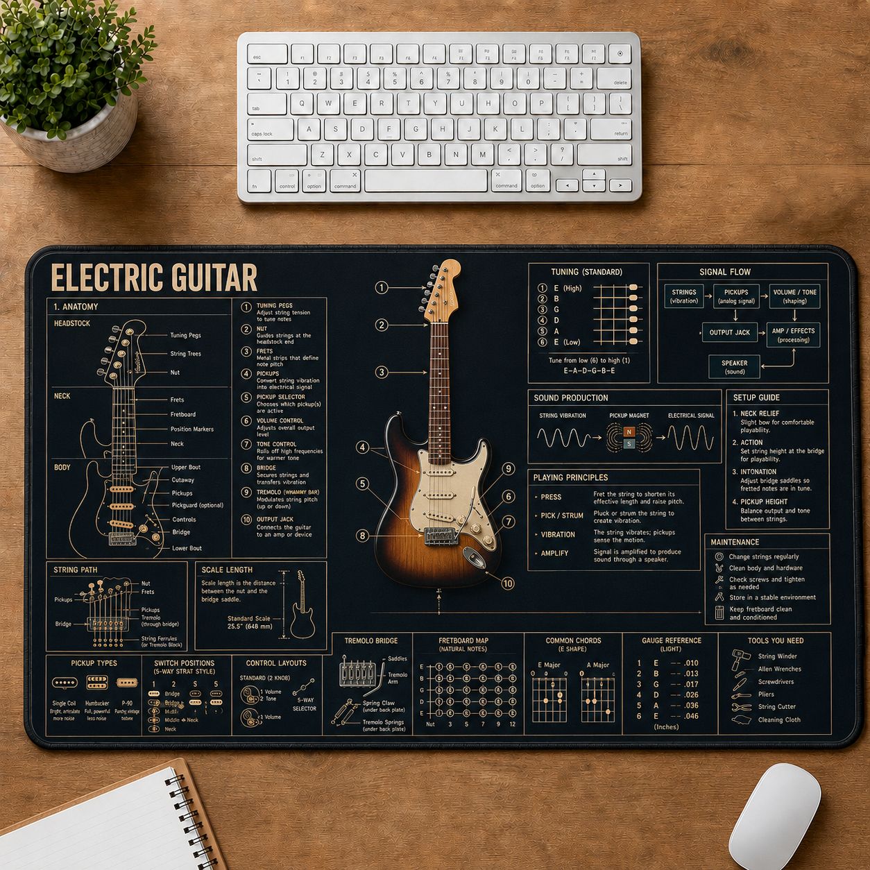 Electric Guitar Musical Instrument Blueprint Guide Desk Mat | 5To9Vibe
