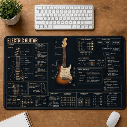 Electric Guitar Musical Instrument Blueprint Guide Desk Mat | 5To9Vibe