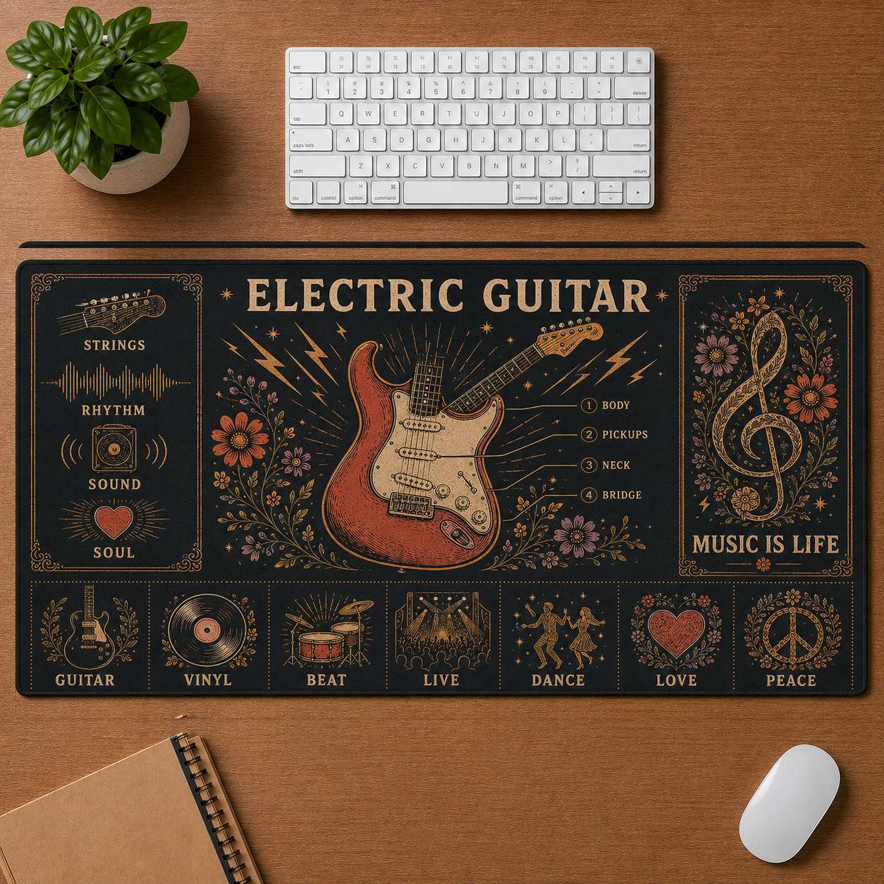 Retro Headphones Hippie Desk Mat Mouse Pad | 5To9Vibe - Electric Guitar style
