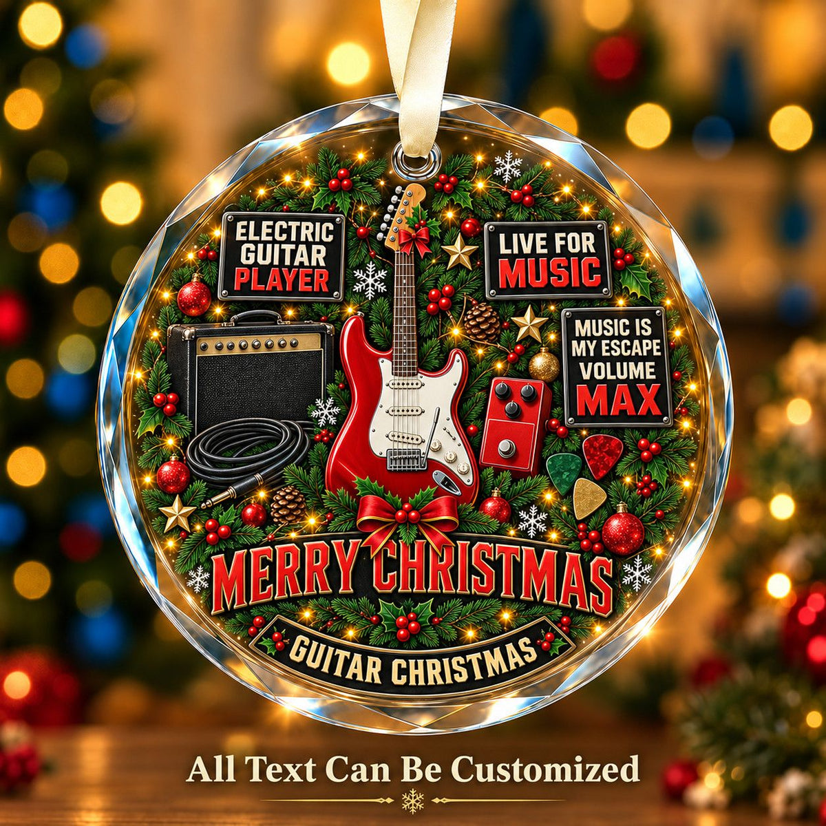 Electric Guitar Player Personalized Glass Ornament | 5To9Vibe