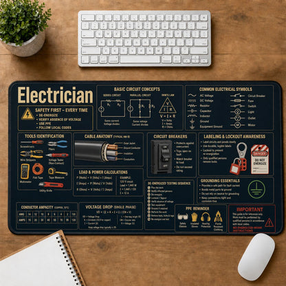 Electrician Cheat Sheet Quick Reference Guide Desk Mat | 5To9Vibe