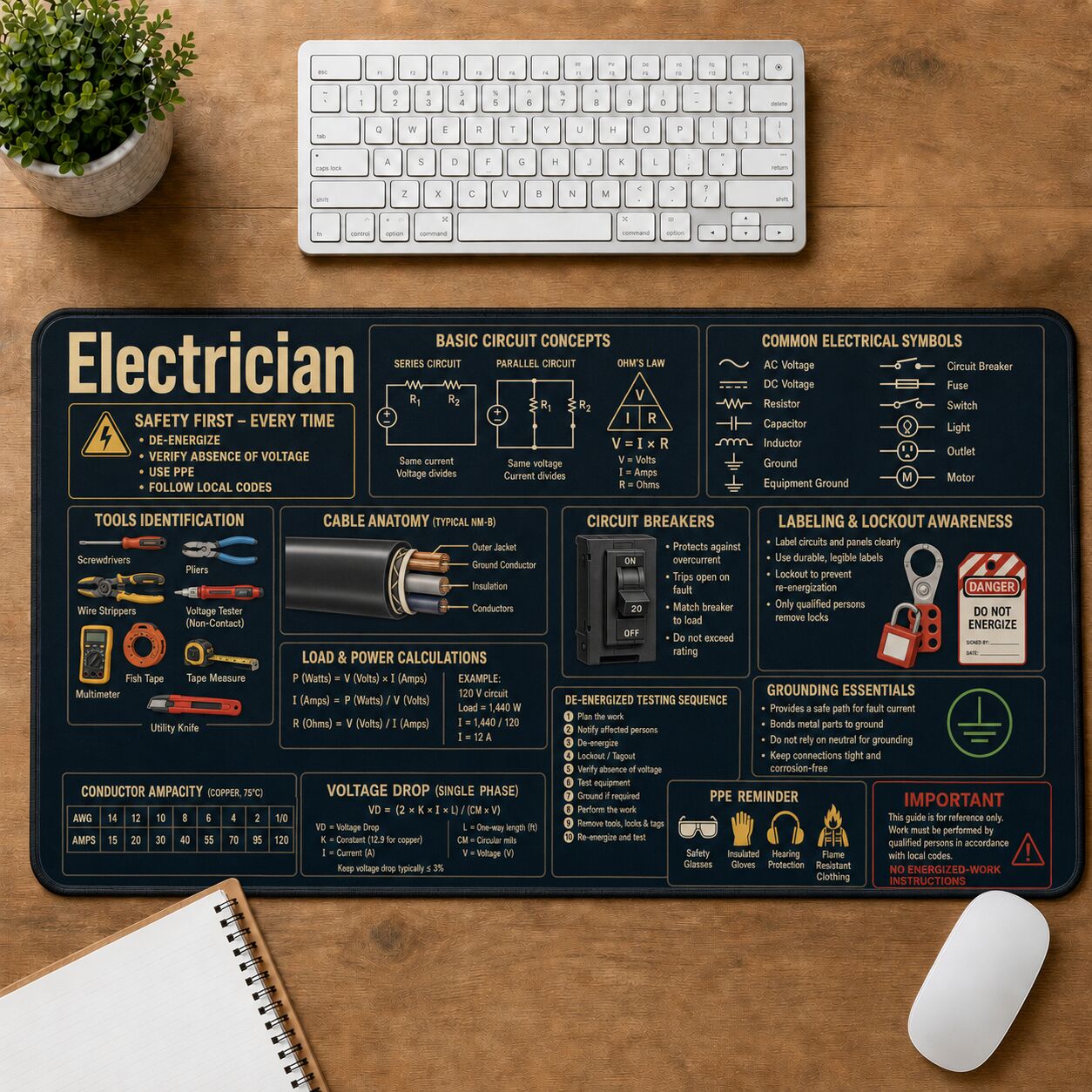 Electrician Cheat Sheet Quick Reference Guide Desk Mat | 5To9Vibe