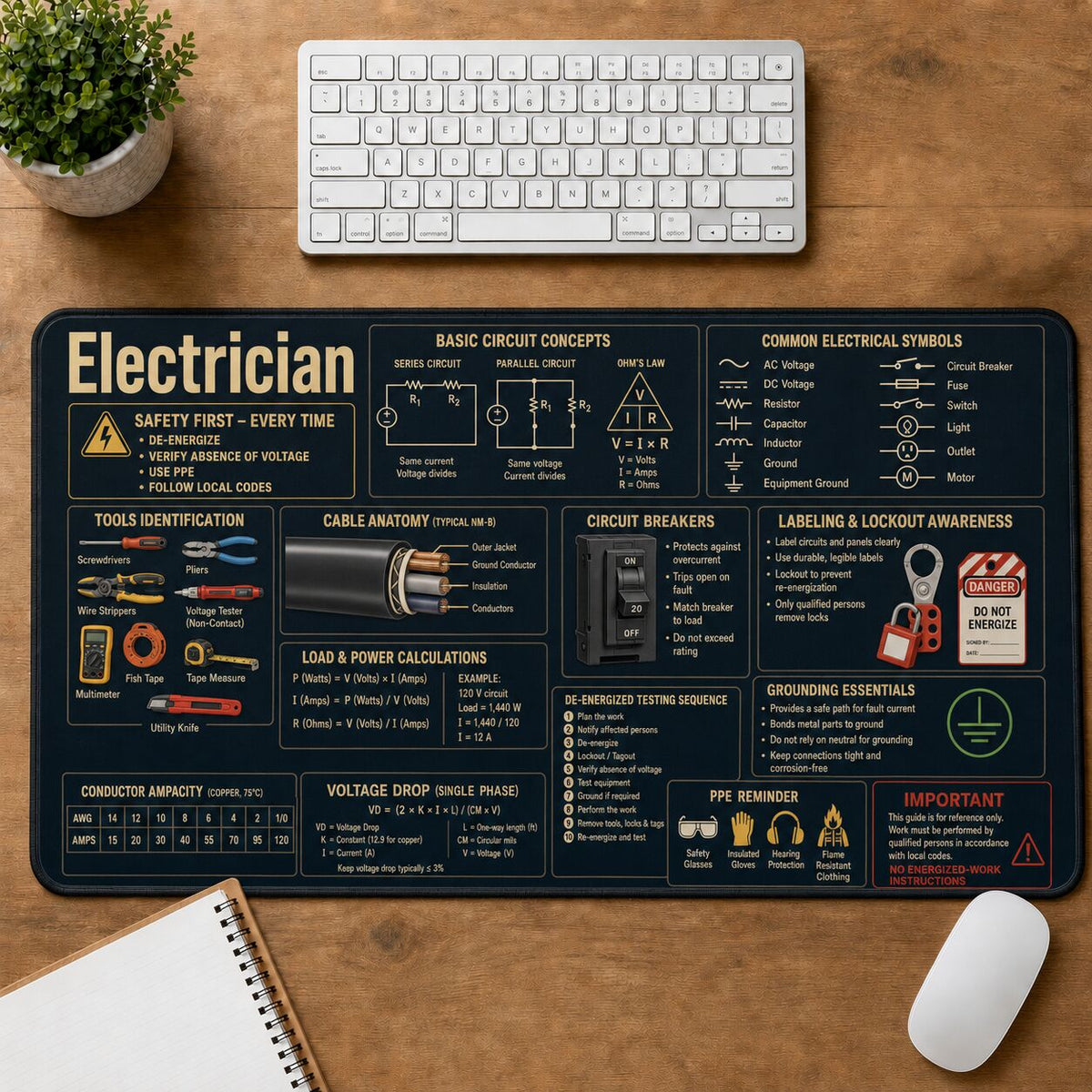 Electrician Cheat Sheet Quick Reference Guide Desk Mat | 5To9Vibe