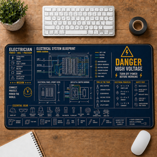 Electrician Blueprint Large Desk Mat - Wiring Diagram & Electrical Symbols Plus Size Mouse Pad - 5to9vibe