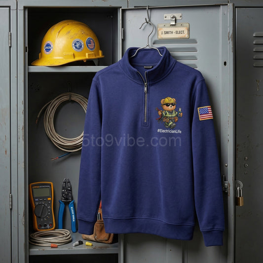 Electrician Life Embroidered Quarter Zip Sweatshirt, Funny Electrician Life Bear Pullover, Men's Casual Zip Up Jacket, Gift for Electrician Life Lover Dad