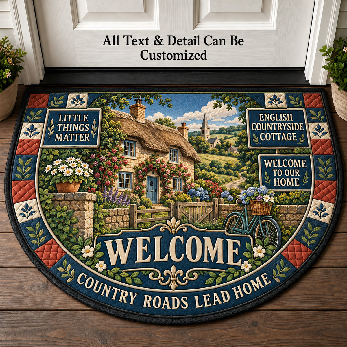 English Countryside Cottage Personalized Half Round Mat | 5To9Vibe