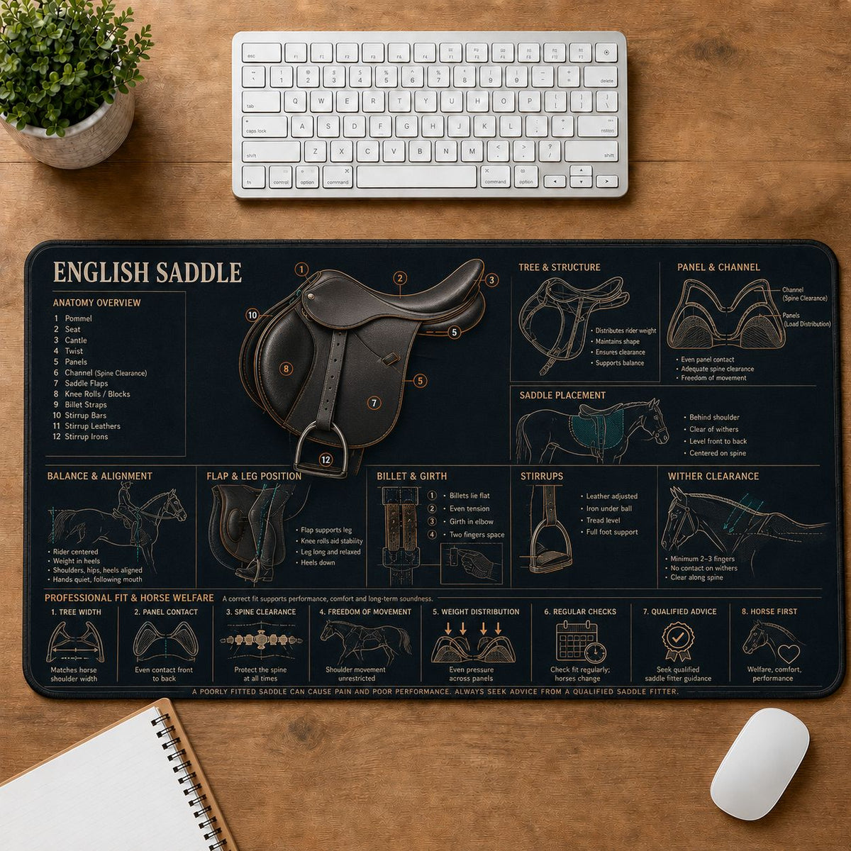 English Saddle Horse and Equestrian Visual Guide Desk Mat | 5To9Vibe