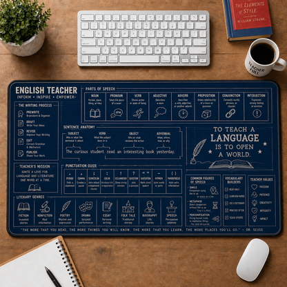 English Teacher Blueprint Large Desk Mat - Grammar & Sentence Anatomy Plus Size Mouse Pad - 5to9vibe