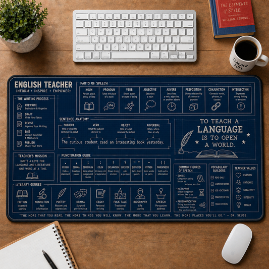 English Teacher Blueprint Large Desk Mat - Grammar & Sentence Anatomy Plus Size Mouse Pad - 5to9vibe