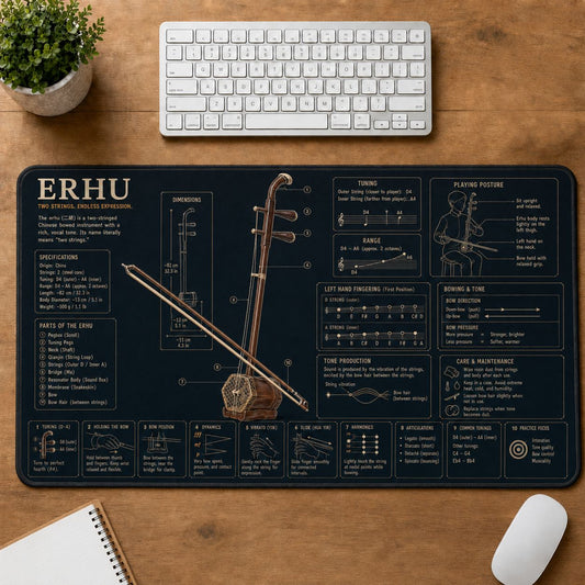 Erhu Musical Instrument Blueprint Guide Desk Mat | 5To9Vibe