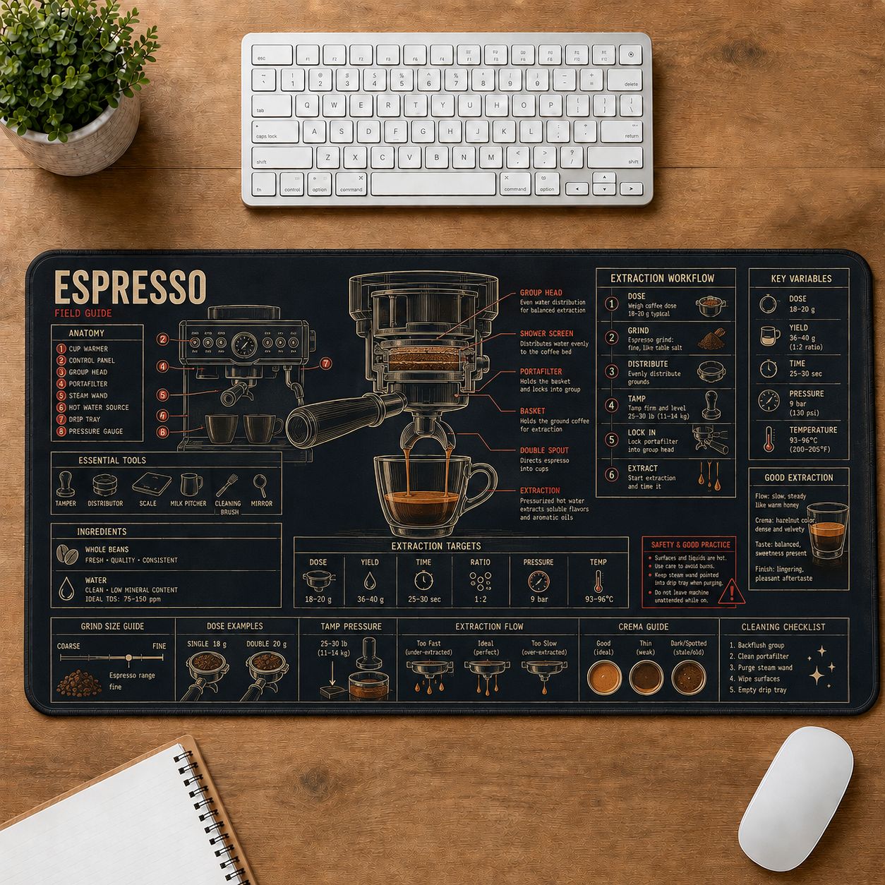 Espresso Brewing Cooking Technique & Reference Guide Desk Mat | 5To9Vibe