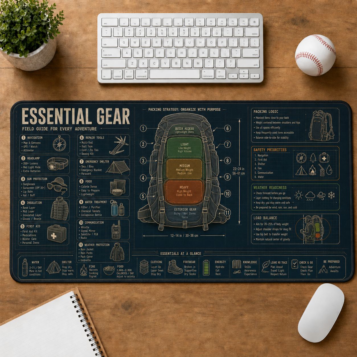 Survival Backpack Essentials Outdoor Skills Field Guide Desk Mat | 5To9Vibe