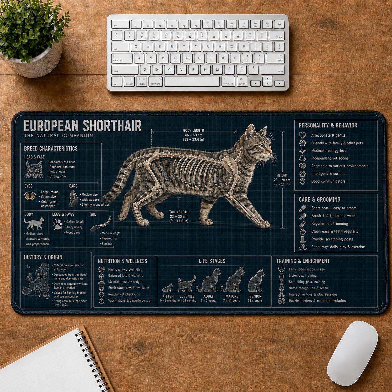 European Shorthair Cat Breed Desk Mat Anatomy Guide | 5To9Vibe