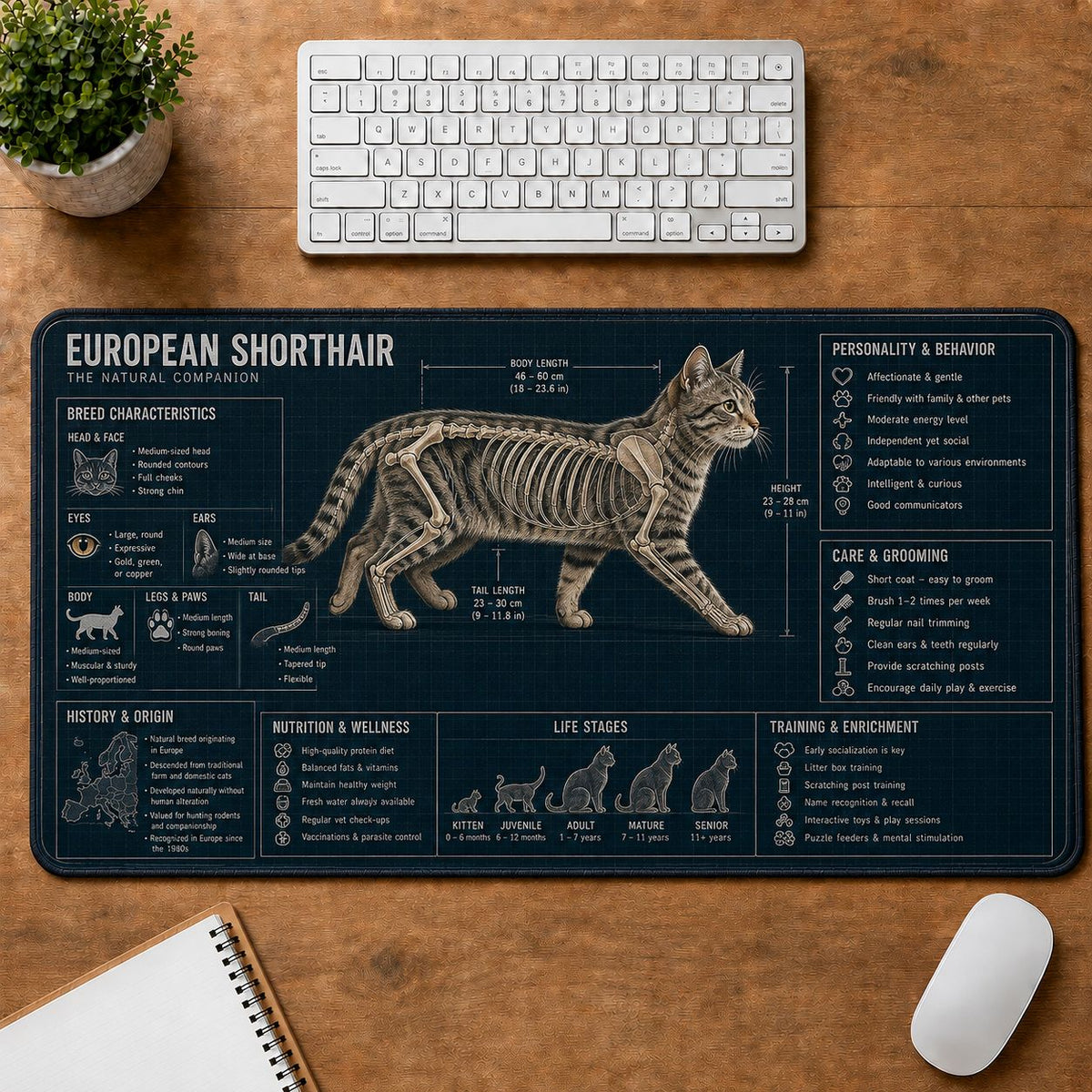 European Shorthair Cat Breed Desk Mat Anatomy Guide | 5To9Vibe