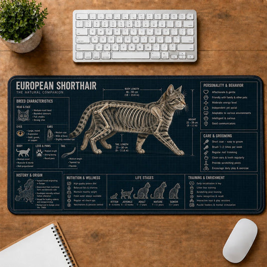 European Shorthair Cat Breed Desk Mat Anatomy Guide | 5To9Vibe