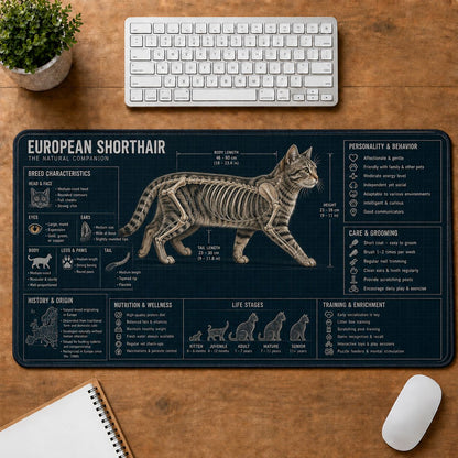 European Shorthair Cat Breed Desk Mat Anatomy Guide | 5To9Vibe