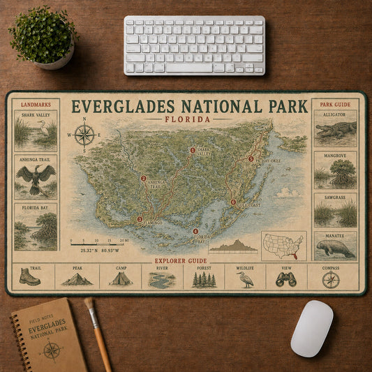 Everglades National Park Vintage Topographic Park Map Explorer Guide Desk Mat | 5To9Vibe