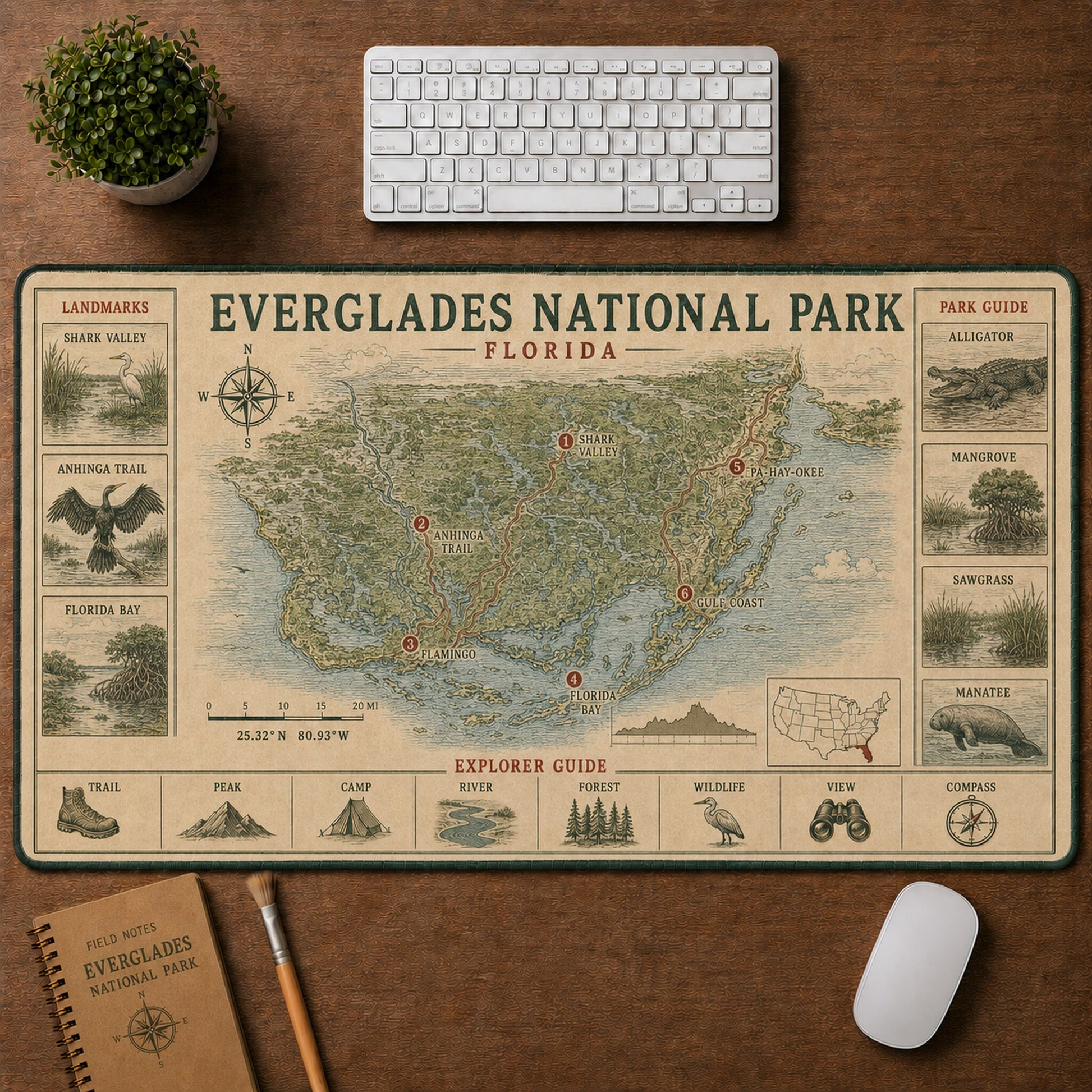 Everglades National Park Vintage Topographic Park Map Explorer Guide Desk Mat | 5To9Vibe