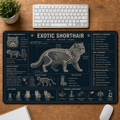 Exotic Shorthair Cat Breed Desk Mat Anatomy Guide | 5To9Vibe