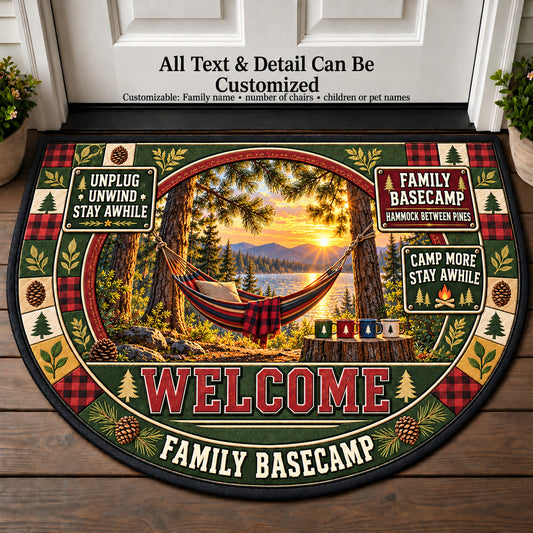 Hammock Between Pines - Family Basecamp Personalized Half Round Mat | 5To9Vibe