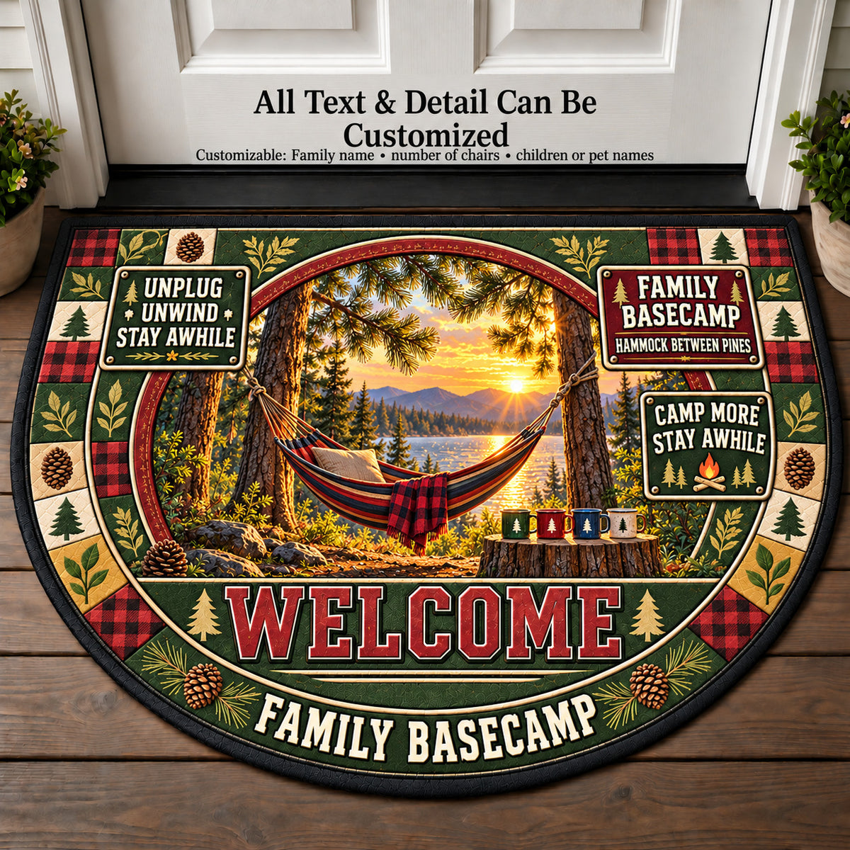 Hammock Between Pines - Family Basecamp Personalized Half Round Mat | 5To9Vibe
