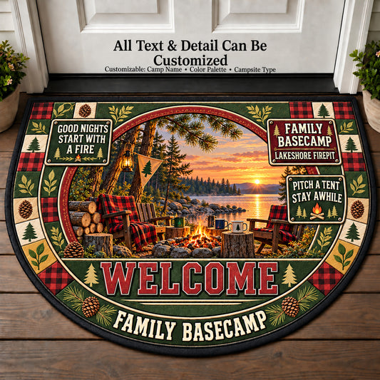Lakeshore Firepit - Family Basecamp Personalized Half Round Mat | 5To9Vibe