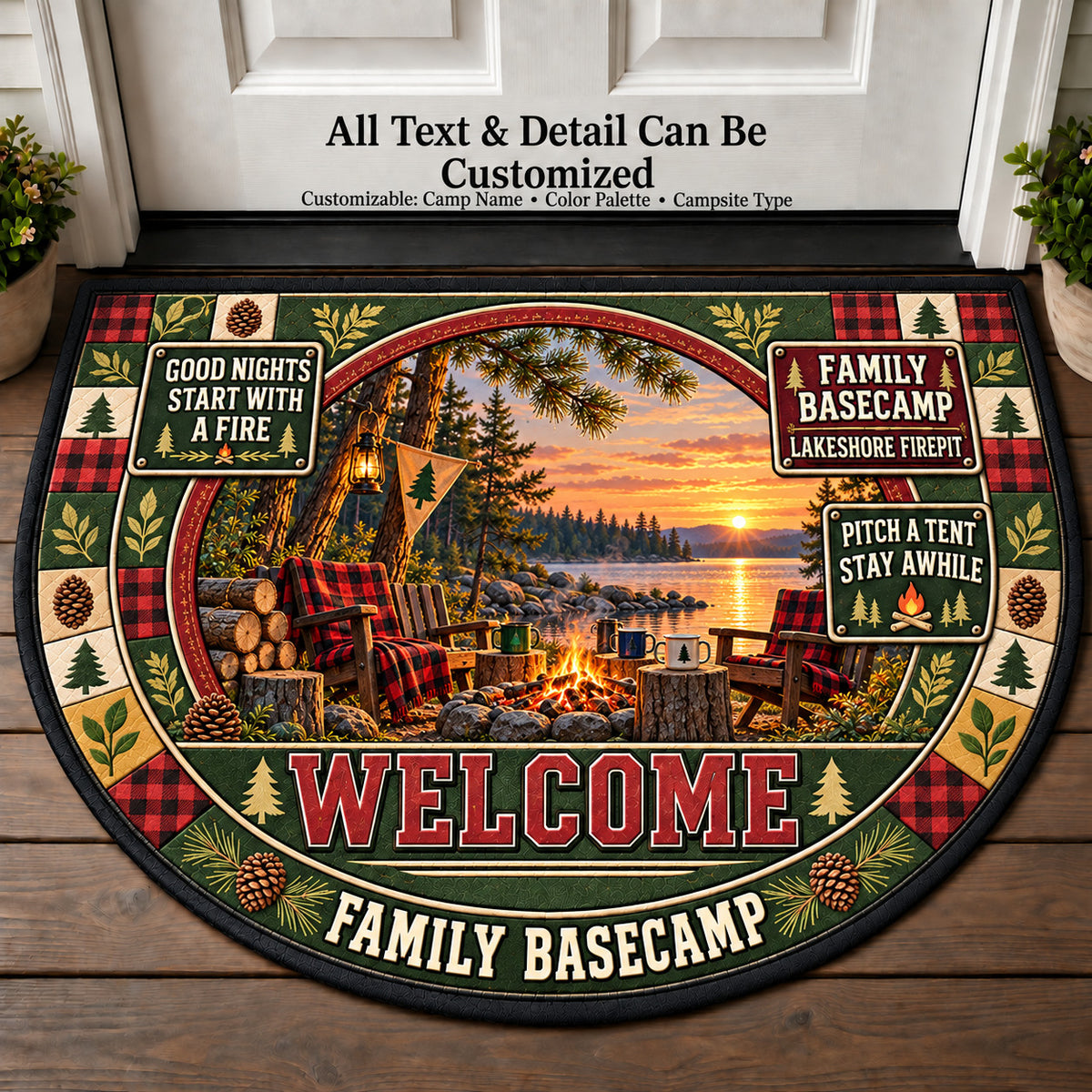 Lakeshore Firepit - Family Basecamp Personalized Half Round Mat | 5To9Vibe