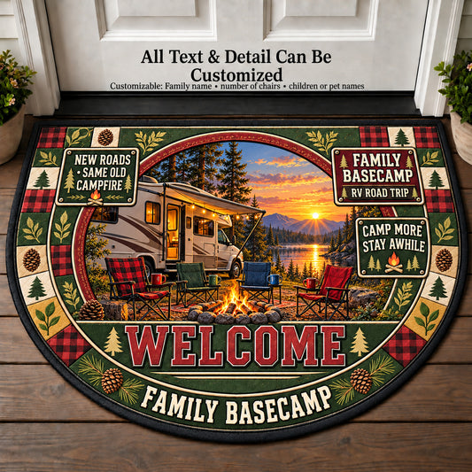RV Road Trip - Family Basecamp Personalized Half Round Mat | 5To9Vibe