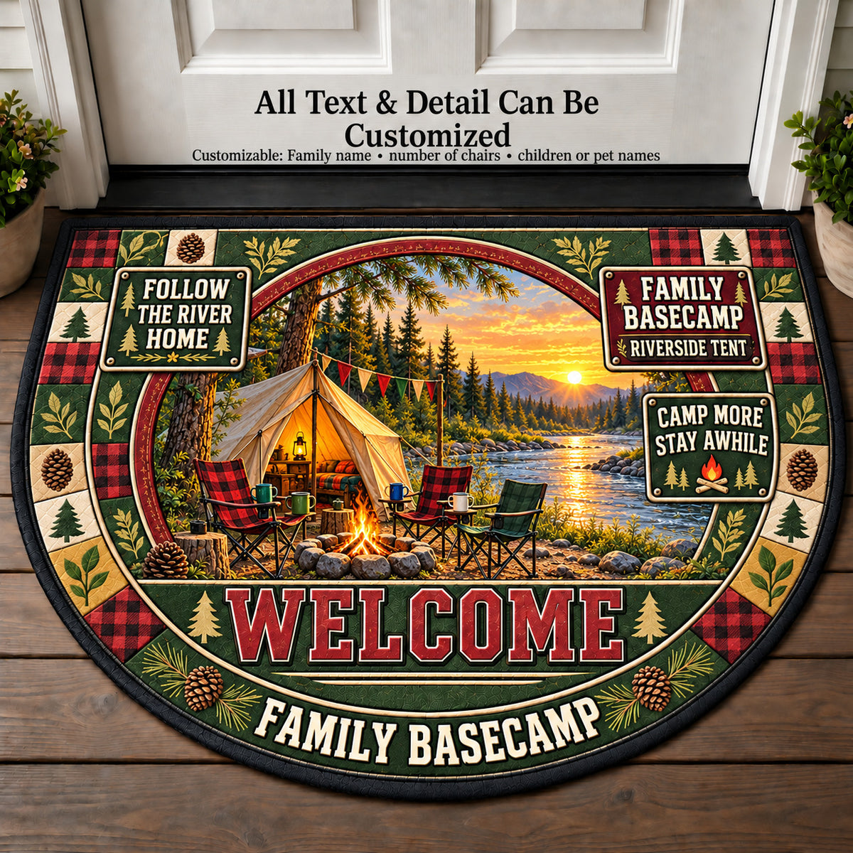 Riverside Tent - Family Basecamp Personalized Half Round Mat | 5To9Vibe